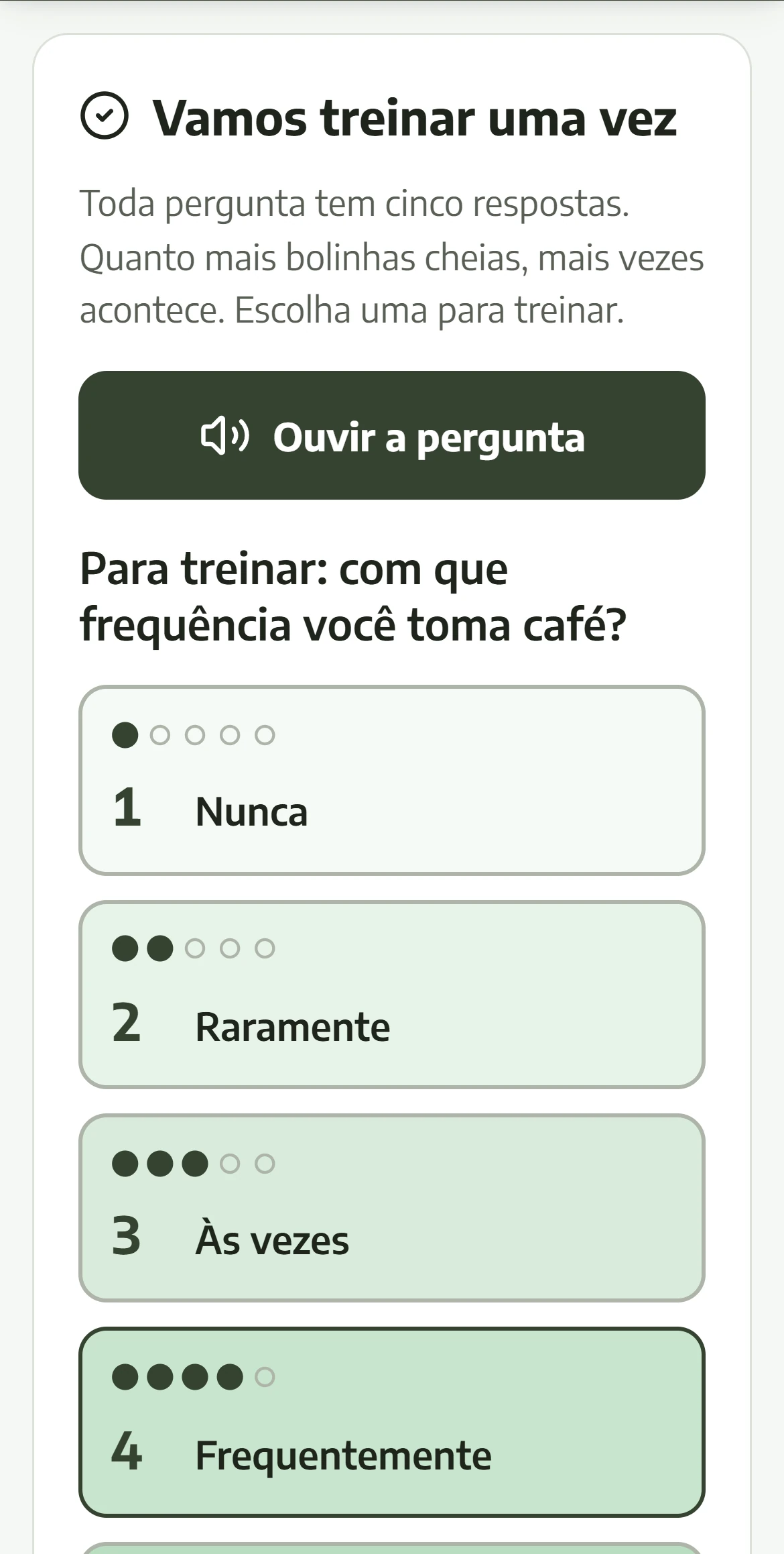 Tela do AgroCore: a pergunta de treino, com o botão Ouvir a pergunta e cinco respostas, de uma a cinco bolinhas.