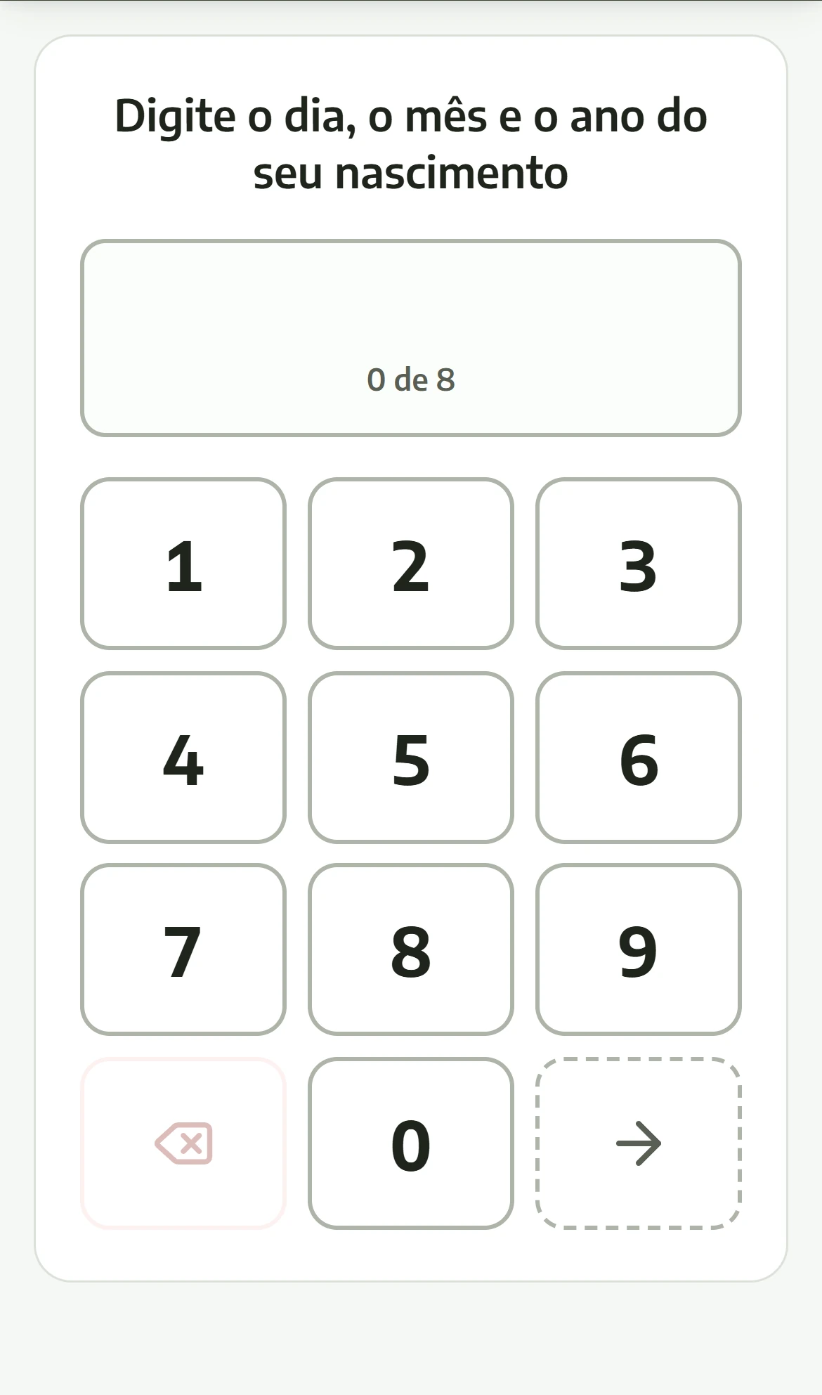 Tela do AgroCore: um teclado grande, de zero a nove, pede o dia, o mês e o ano do nascimento.